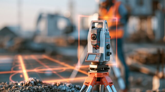 A surveyors total station on a tripod at a site with a glowing