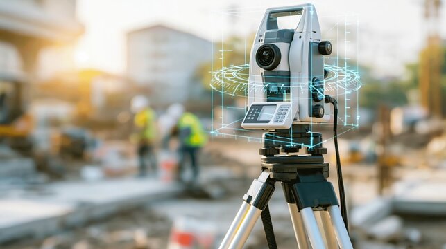 A surveyors total station on a tripod at a site with a glowing