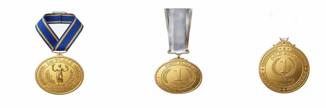 Gold Medals Set isolated on White Background - Three First Place Winner Awards with Neck Ribbons Pack, Realistic Champion Prize Clipart PNG, Premium Trophy Achievement Graphic Element Collection for S
