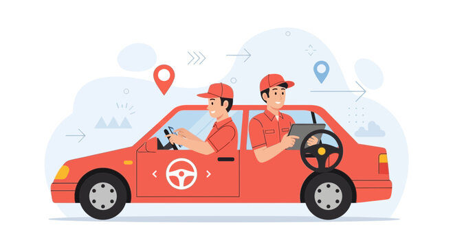 Illustration of two delivery drivers in a car, one using phone and other tablet for navigation.
