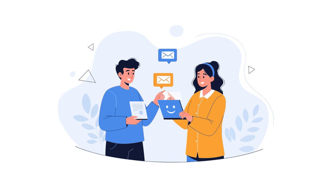 Man and Woman Exchanging Digital Information with Email and Smiley Face Icons
