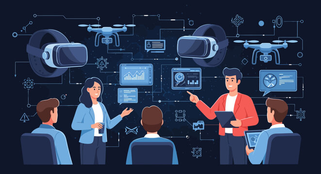 People learning about advanced technology and virtual reality.