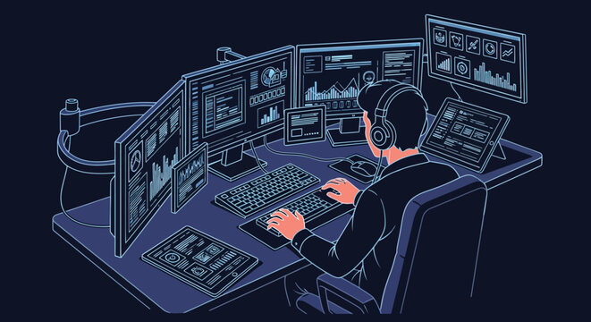 Man working at a computer with multiple monitors and headphones.