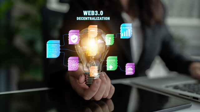 The Web 3.0 decentralization technology ecosystem. A flowchart of interconnected concepts like AI, blockchain, security, and decentralized finance. Motif