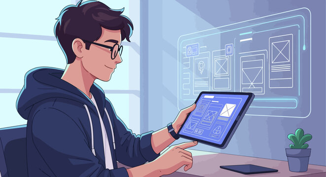 Young man designing a user interface on a tablet computer.