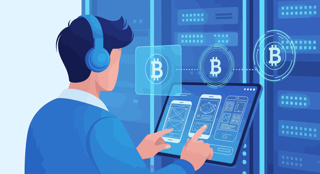 Man wearing headphones works on a tablet in a server room with Bitcoin symbols.