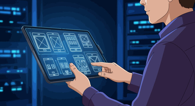 Person using a tablet displaying user interface design mockups in a server room.