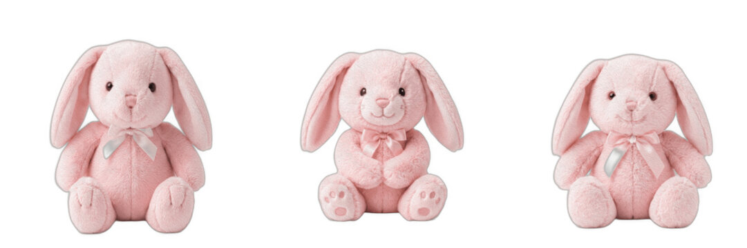 Pink Plush Bunny Set isolated on White Background - Three Cute Stuffed Animal Rabbit Toys Pack with Bow Ribbon, Realistic Fluffy Easter Bunny Clipart PNG, Soft Infant Toddler Doll Graphic Element Coll