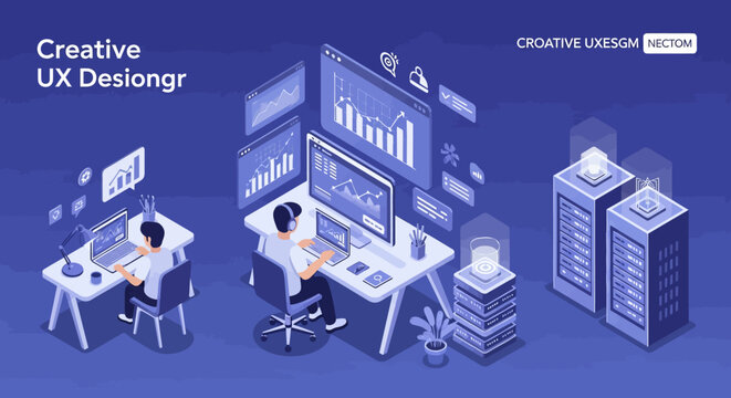 UX Designer Working on Computer Screens with Data Analytics.
