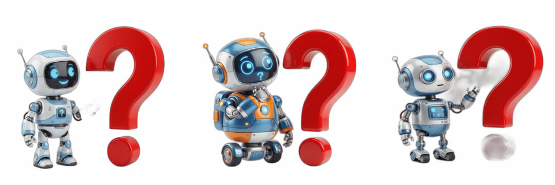 Cute 3D Robot Set with Question Marks isolated on White Background - Three Sci-Fi Android Characters Pack, Realistic AI Bot Clipart PNG, Frequently Asked Questions FAQ Help Assistant Graphic Element f