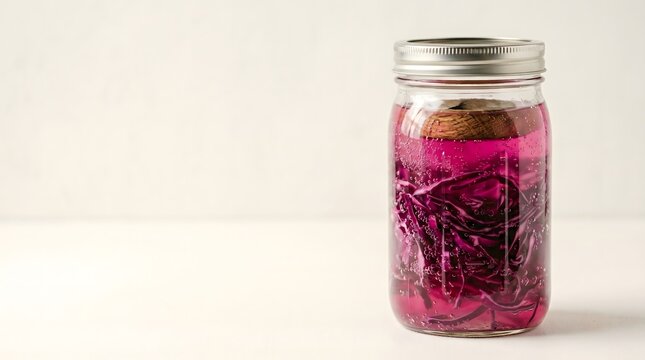 Clear mason jar filled with vivid jewel-pink red cabbage lacto-ferment liquid with wooden weight on white surface, fermented food gut intelligence epigenetic cuisine anthocyanin concept art 