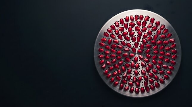 tainless steel cold press disc covered in vivid deep red pomegranate arils over drainage holes on dark background, polyphenol cold press functional food epigenetic nutrition concept art