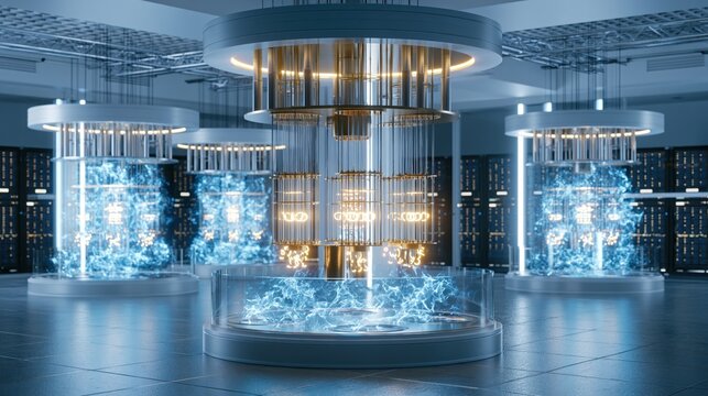 Quantum computer lab with floating qubits surreal blue energy