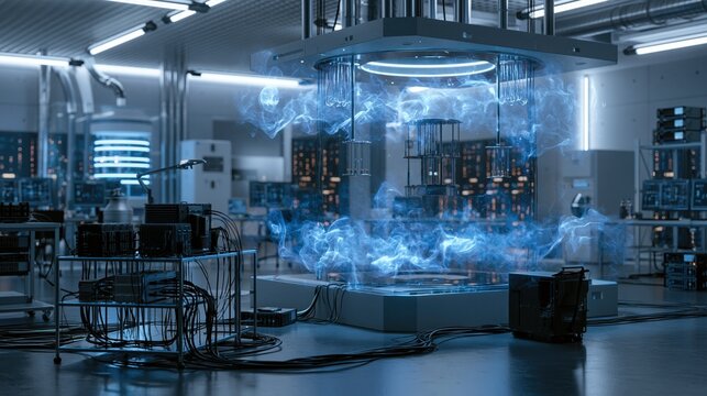 Quantum computer lab with floating qubits surreal blue energy