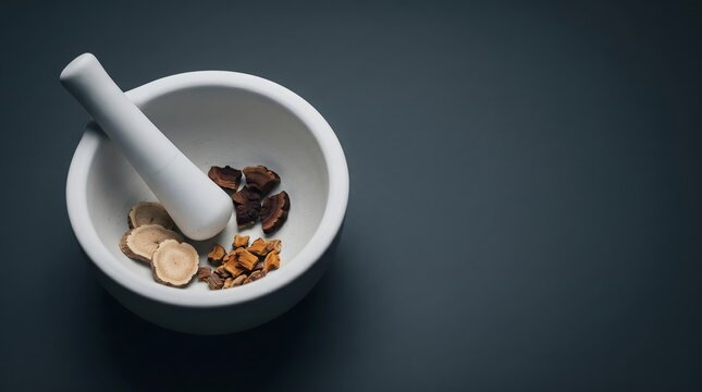 White ceramic mortar with dried adaptogen ingredients ashwagandha reishi rhodiola root pieces inside on dark slate surface, adaptogen functional food epigenetic cuisine wellness concept art 