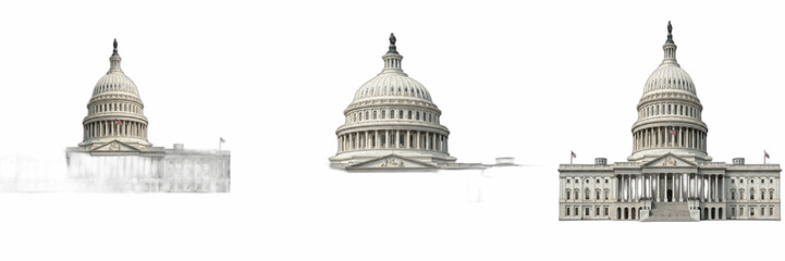 Obraz premium US Capitol Building Dome Set isolated on White Background - Three Washington DC United States Congress Landmark Views Pack, Realistic Government Architecture Clipart PNG, America Political Graphic Ele