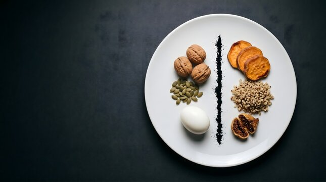 White ceramic plate divided by charcoal line with morning protein foods on left and evening carbohydrate foods on right on dark surface, chronobiology meal timing epigenetic nutrition concept art