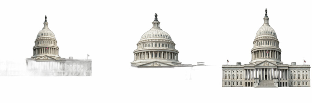 US Capitol Building Dome Set isolated on White Background - Three Washington DC United States Congress Landmark Views Pack, Realistic Government Architecture Clipart PNG, America Political Graphic Ele