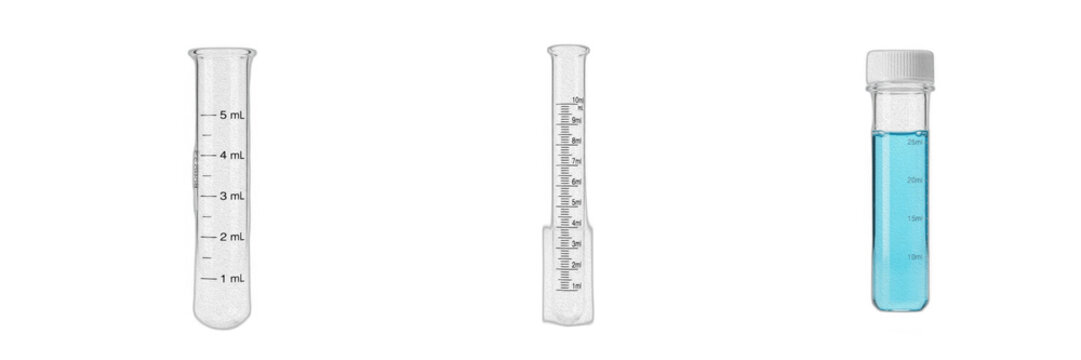 Clear Glass Test Tubes Set with Measurement Markings and Blue Liquid, Laboratory Medical Pipette and Chemistry Vial Clipart, Isolated Science Equipment Graphics for Biotechnology and Educational Desig