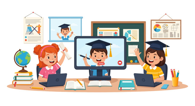 Children learning online with laptops and graduation caps.