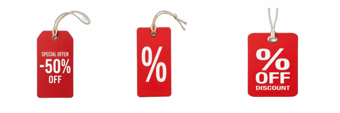 Red Sale Tags Set with String, 50% Off Special Offer and Percentage Discount Labels, Isolated Blank E-commerce Promo Badges for Black Friday, Christmas Shopping, Retail Marketing, and Clearance Vouche