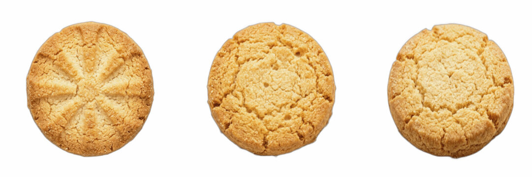 Butter Cookies Set isolated on White Background - Three Golden Round Shortbread Biscuits Pack, Realistic Sweet Baked Crunchy Snack Clipart PNG, Delicious Pastry Graphic Element Collection for Bakery a