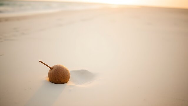 A brown coconut resting in soft sand under warm sunset light.
