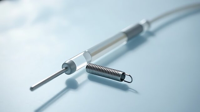 Slender balloon catheter and miniature stent on surgical tray, metallic shine.