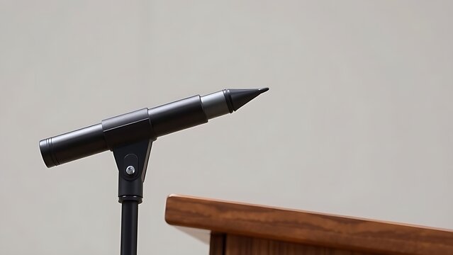 A telescopic pointer retracting on a wooden lectern with a blurred background.