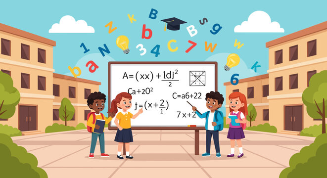 Children learning math equations on a whiteboard at school.