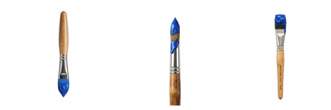 Artist Paint Brushes Set with Blue Paint isolated on White Background - Three Different Wooden Paintbrushes Pack, Watercolor and Acrylic Graphic Element PNG, Fine Art Supplies Clipart Collection for C
