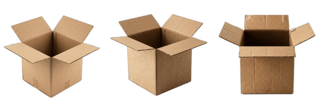 Three Open Cardboard Boxes Set isolated on White Background - Empty Brown Corrugated Paper Delivery and Moving Packages PNG Pack, Realistic Parcel Carton Crates Vector Clipart Graphic Element for E-co