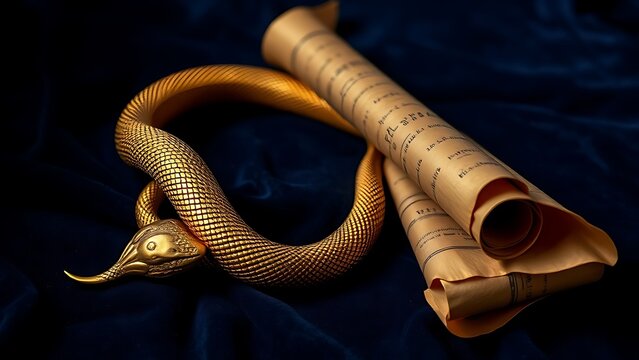 Golden serpent armlet on blue velvet with aged papyrus scrolls, historical elegance.