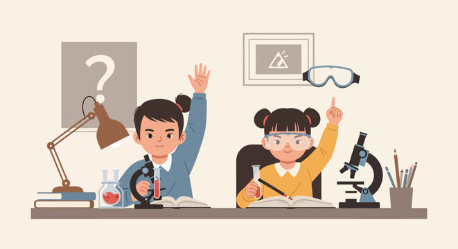 Children raising hands in science class eager to answer questions.