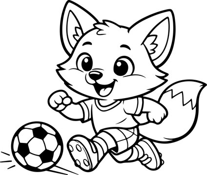 Renard heureux jouant au football, dessin anim&eacute;, contour dessin&eacute; &agrave; la main, illustration style gribouillage, page &agrave; colorier pour enfants