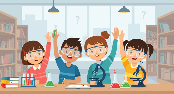Children excited in science class raising hands with equipment.