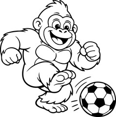 Fototapeta premium Gorille joyeux jouant au football, dessin au trait dessiné à la main, illustration style gribouillage, page à colorier pour enfants