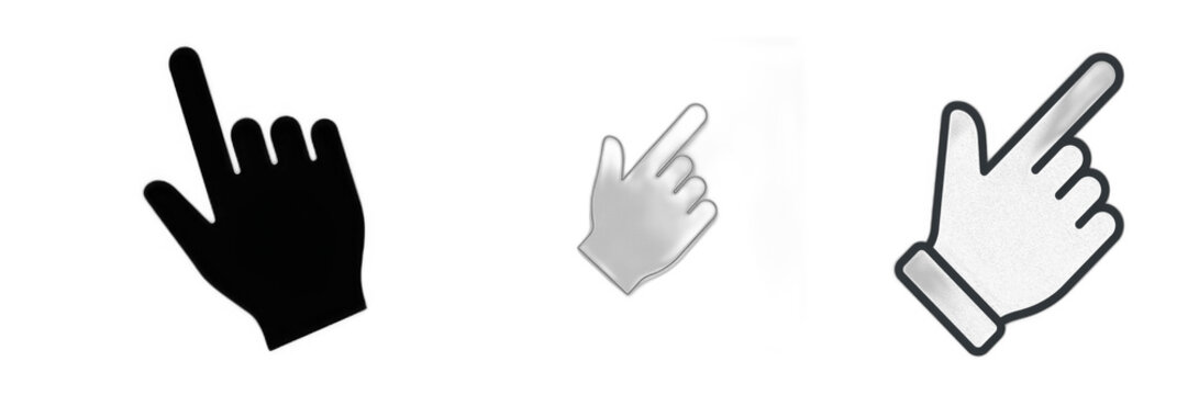 Set of hand cursor pointer icons isolated on transparent PNG background, black and white clicking mouse cursors for website user interface design, mobile application navigation, and digital marketing 