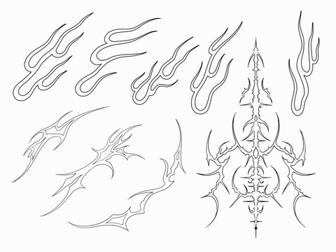 Neo tribal flame and cyber goth spike line art flash sheet 