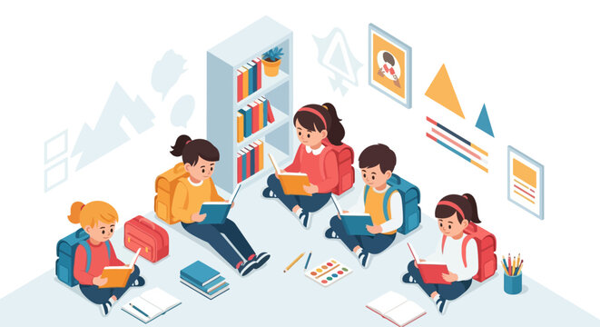 Children learning together in a library setting.