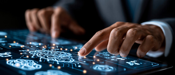 Fototapeta premium Human hands interacting with a digital interface displaying a neural network diagram dark background artificial intelligence machine learning deep cognitive