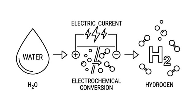 Electrolysis process diagram illustrating the conversion of water into hydrogen gas using electric current.