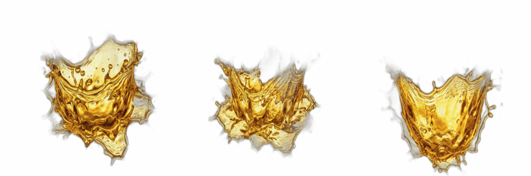Golden liquid oil splash set isolated on transparent PNG background, dynamic honey, beer, or engine oil splashing effects for cosmetic advertising, beverage marketing, and fluid dynamic graphic design