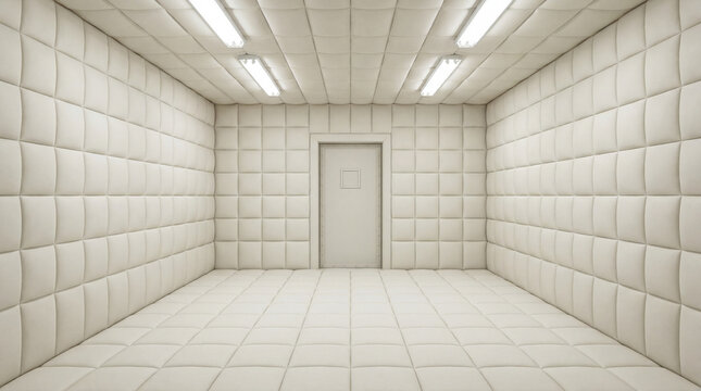 White Padded Walls Of An Empty Psychiatric Isolation Room Designed For Mental Health Care Facilities
