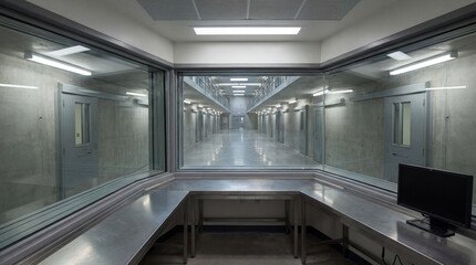 Obraz premium Vacant Prison Facility Security Booth Constructed With Reinforced Glass Overlooking Silent Institutional Corridors Empty Space