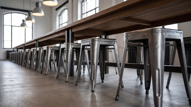 Sit at a row of empty metal stools securely attached to a long dining table
