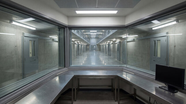 Vacant Prison Facility Security Booth Constructed With Reinforced Glass Overlooking Silent Institutional Corridors Empty Space