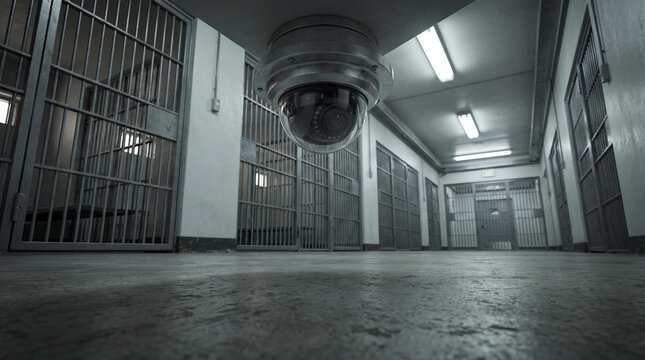 Observe the security surveillance camera securely mounted above a dark and deserted prison cell corridor