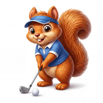 Cute Cartoon Squirrel Character Playing Golf in Blue Sports Apparel