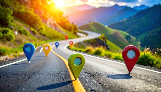 Sunlit road curves through green hills. Colorful map pins mark key travel points